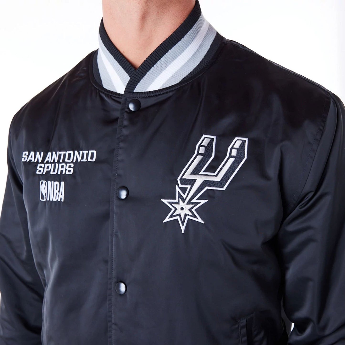 The Male model is wearing San Antonio Spurs NBA Satin Black Bomber Jacket 5