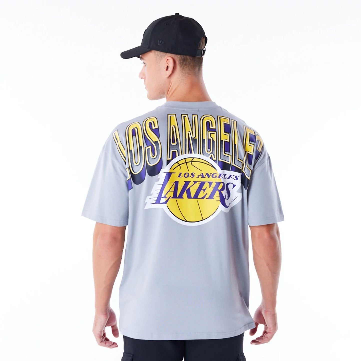 The Male model is wearing LA Lakers NBA Tech Grey Oversized T-Shirt 3