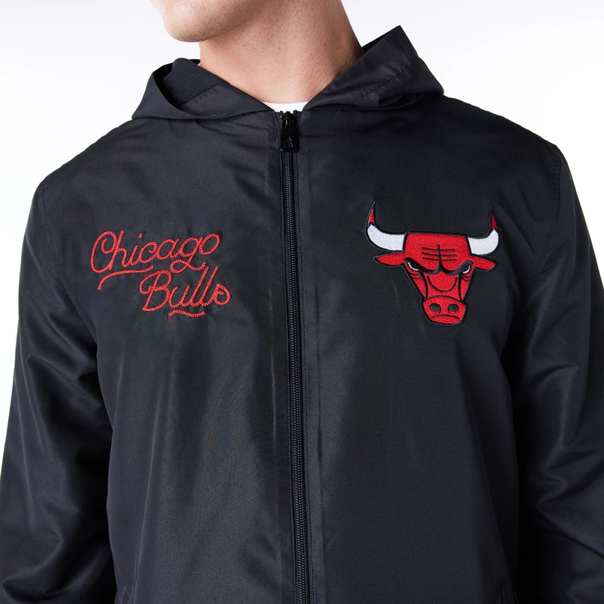 The Male model is wearing Chicago Bulls NBA Graphic Black Jacket 2