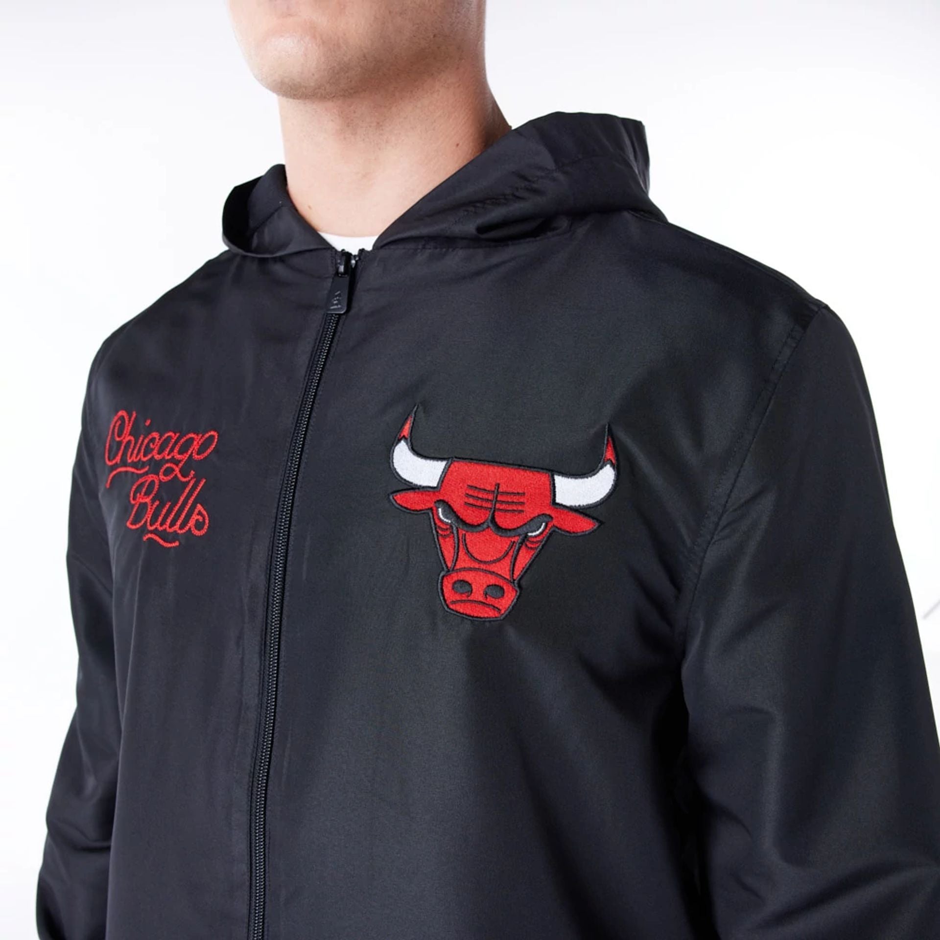 The Male model is wearing Chicago Bulls NBA Graphic Black Jacket 6