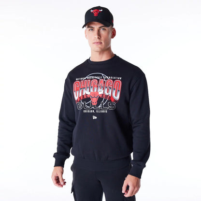 The Male model is wearing Chicago Bulls NBA Tech Black Crew Neck Sweatshirt 5