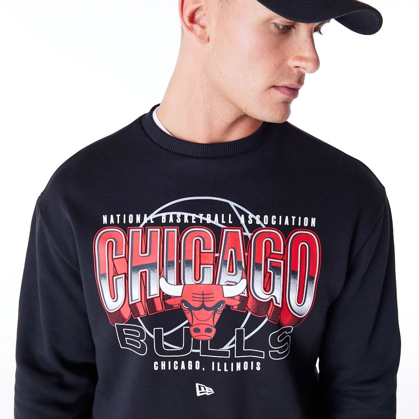 The Male model is wearing Chicago Bulls NBA Tech Black Crew Neck Sweatshirt 6