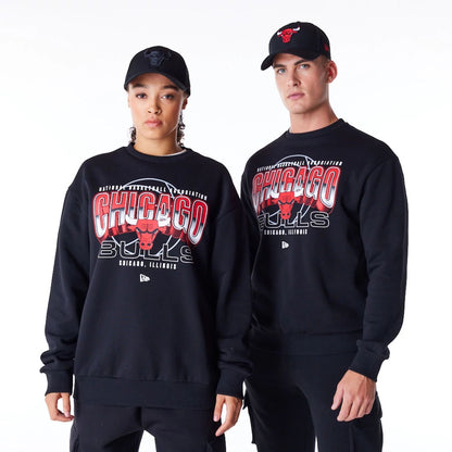 The Male model is wearing Chicago Bulls NBA Tech Black Crew Neck Sweatshirt 1