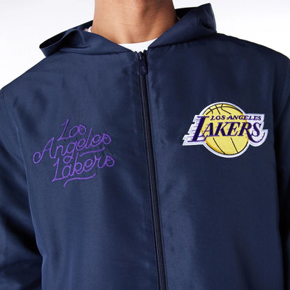 The Male model is wearing LA Lakers NBA Graphic Navy Jacket 2