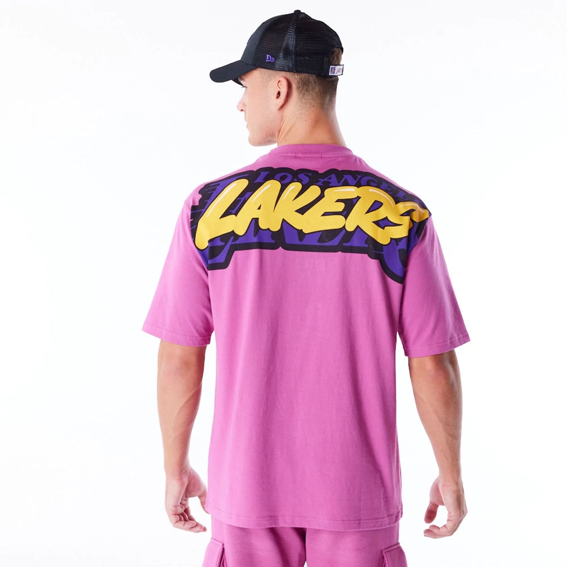 The Male model is wearing LA Lakers NBA Wordmark Purple Oversized T-Shirt 9