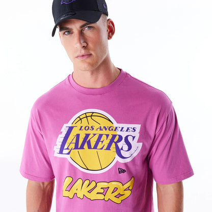 The Male model is wearing LA Lakers NBA Wordmark Purple Oversized T-Shirt 7