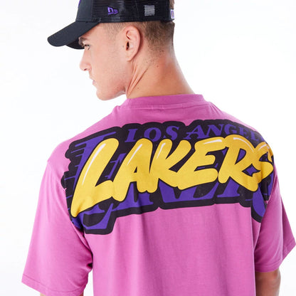 The Male model is wearing LA Lakers NBA Wordmark Purple Oversized T-Shirt 4