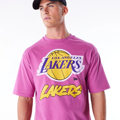 The Male model is wearing LA Lakers NBA Wordmark Purple Oversized T-Shirt 8