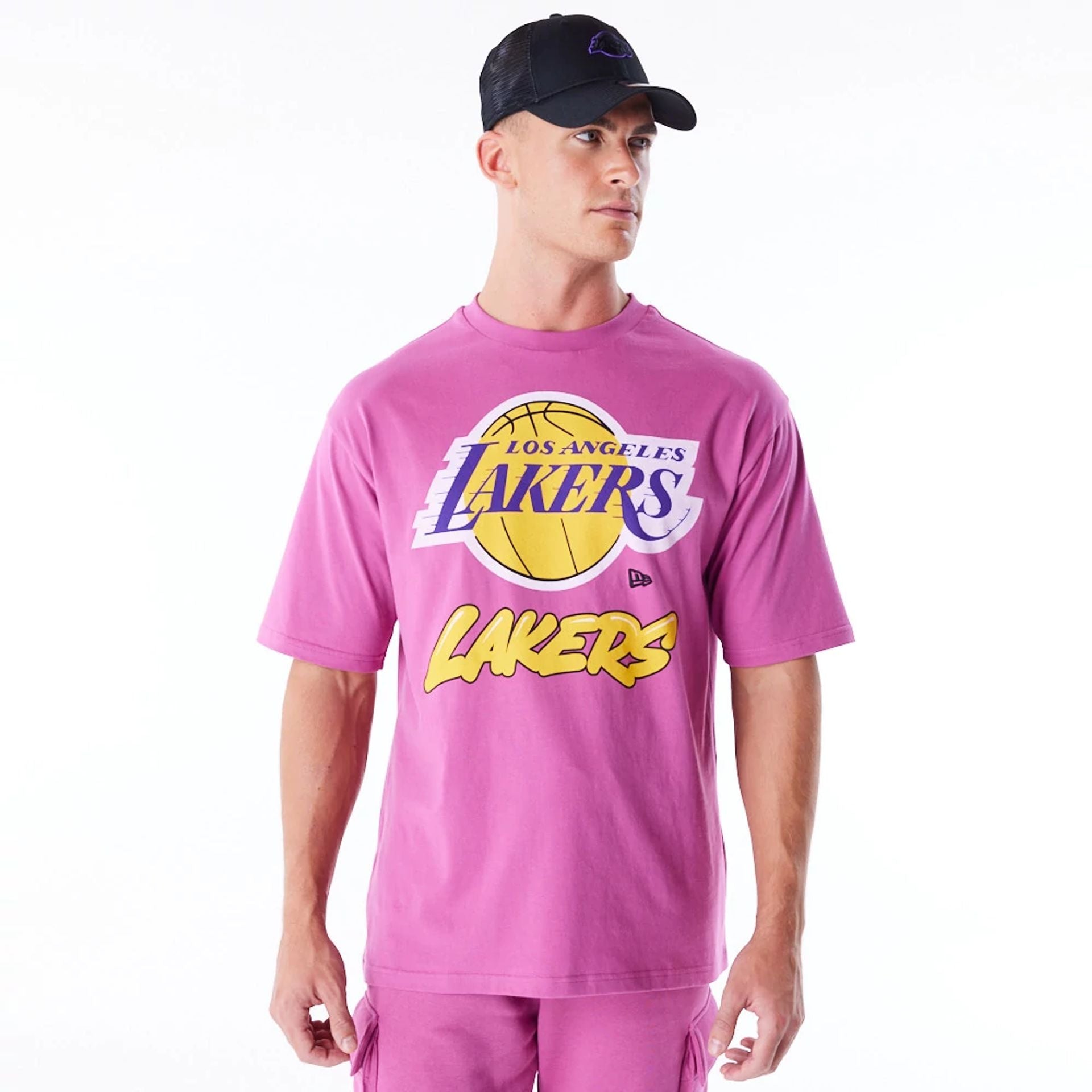 The Male model is wearing LA Lakers NBA Wordmark Purple Oversized T-Shirt 1