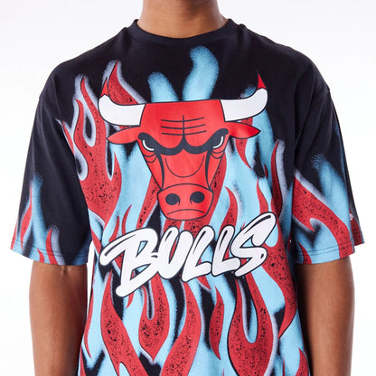 The Male model is wearing Chicago Bulls NBA Flame Black Oversized T-Shirt 3