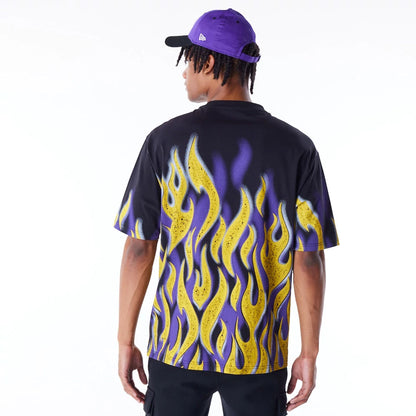 The Male model is wearing LA Lakers NBA Flame Black Oversized T-Shirt 5