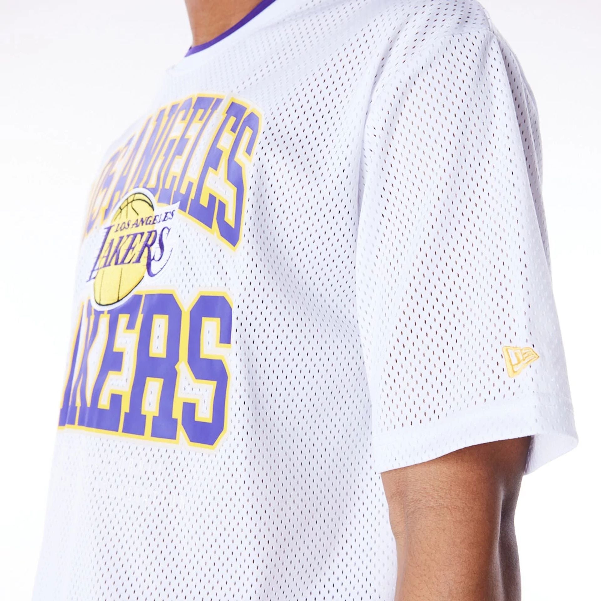 The Male model is wearing LA Lakers NBA Patch White Oversized Mesh T-Shirt 5