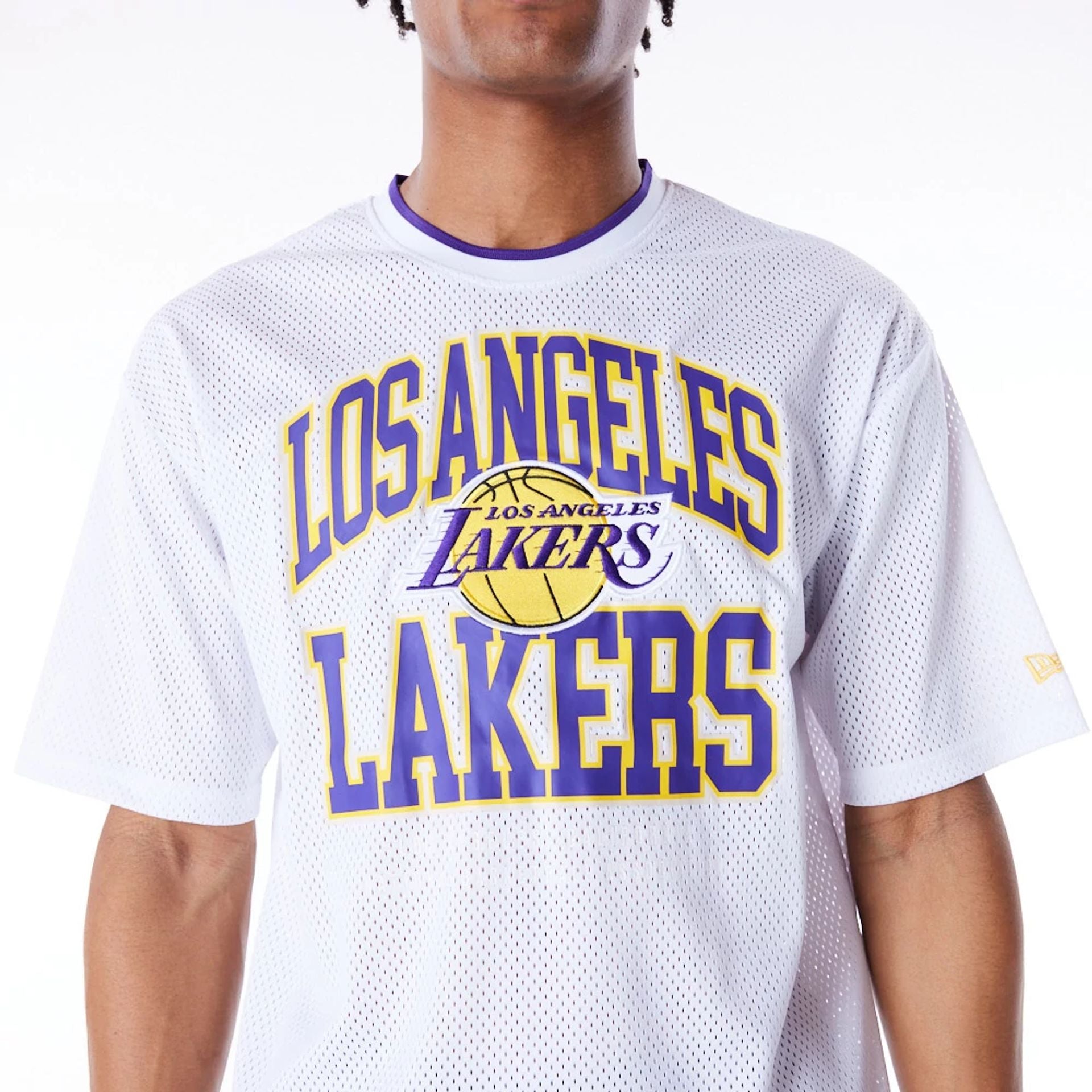 The Male model is wearing LA Lakers NBA Patch White Oversized Mesh T-Shirt 2