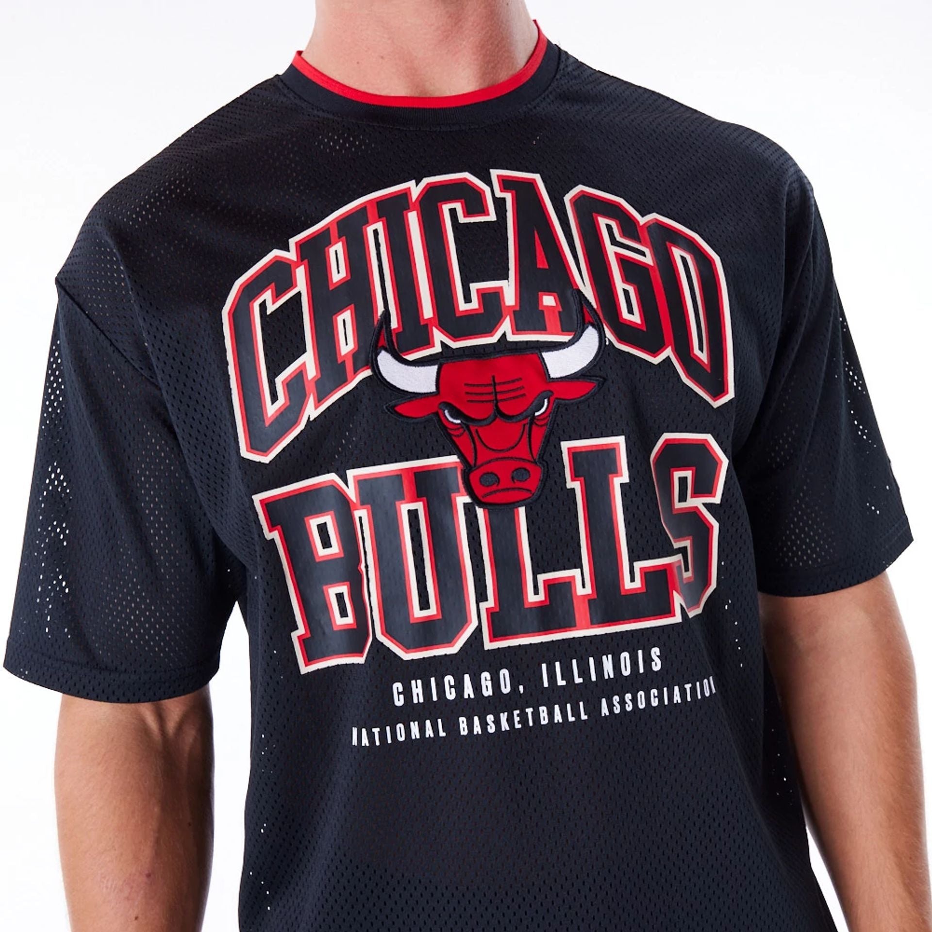 The Male model is wearing Chicago Bulls NBA Patch Black Oversized Mesh T-Shirt 2