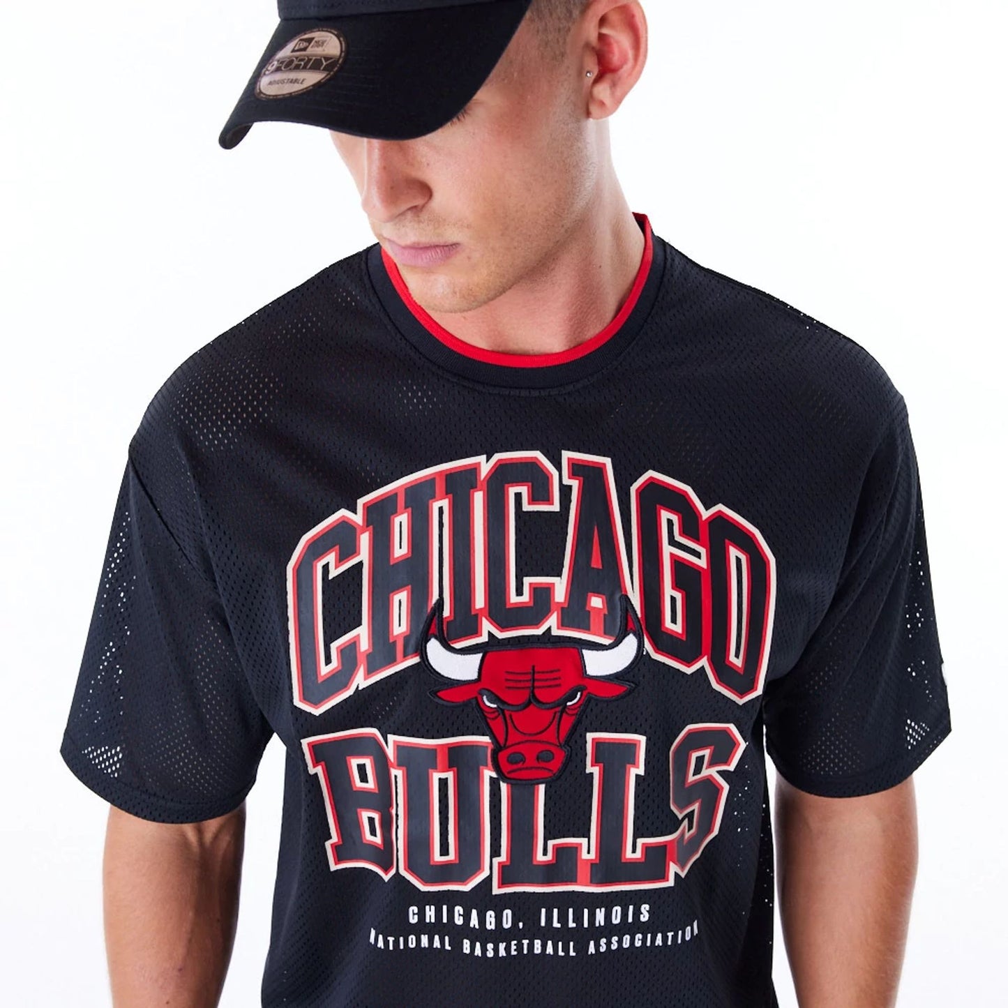 The Male model is wearing Chicago Bulls NBA Patch Black Oversized Mesh T-Shirt 5