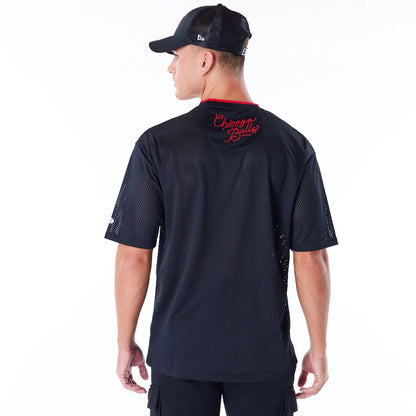 The Male model is wearing Chicago Bulls NBA Patch Black Oversized Mesh T-Shirt 6