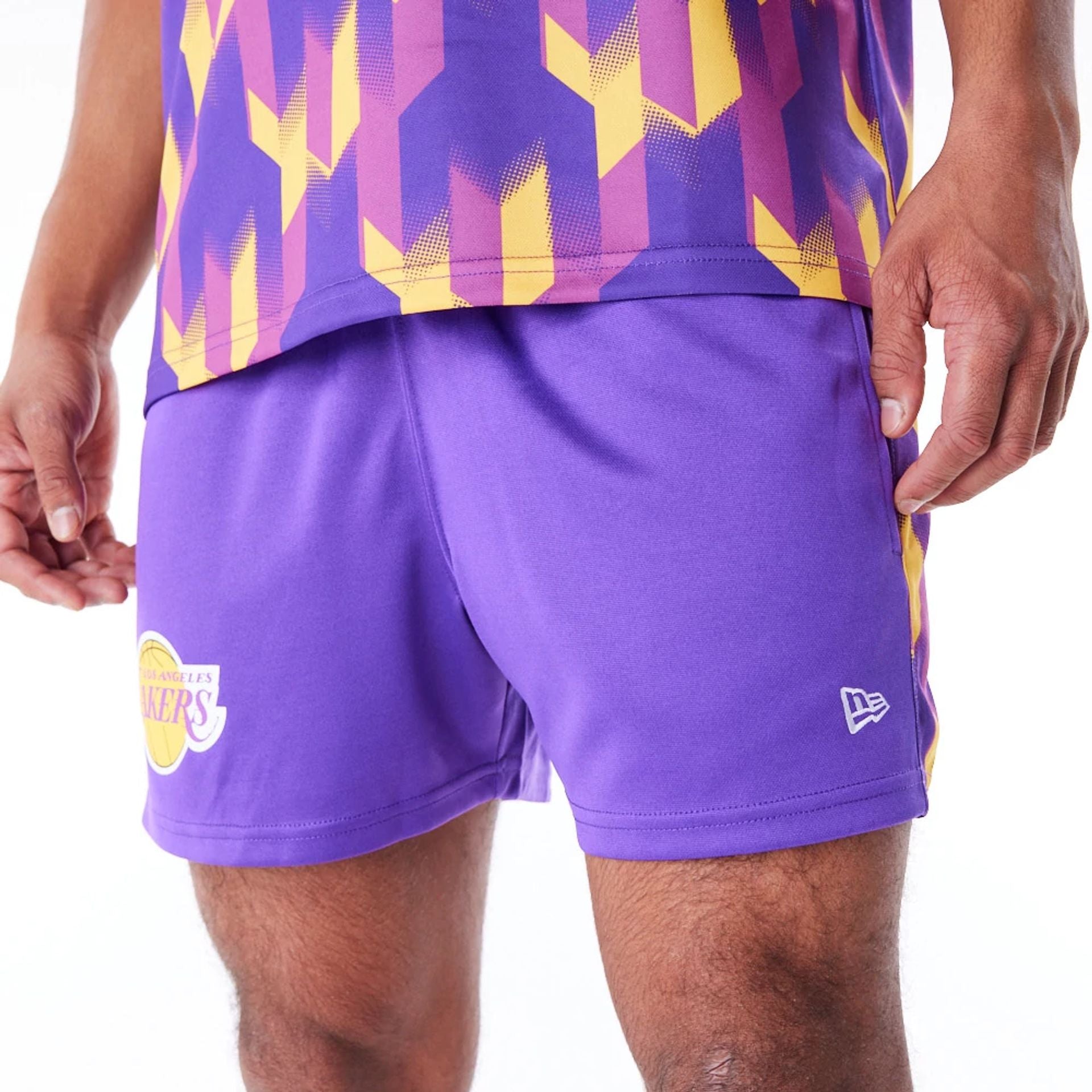 The Male model is wearing LA Lakers NBA Soccer Purple Short Shorts 7