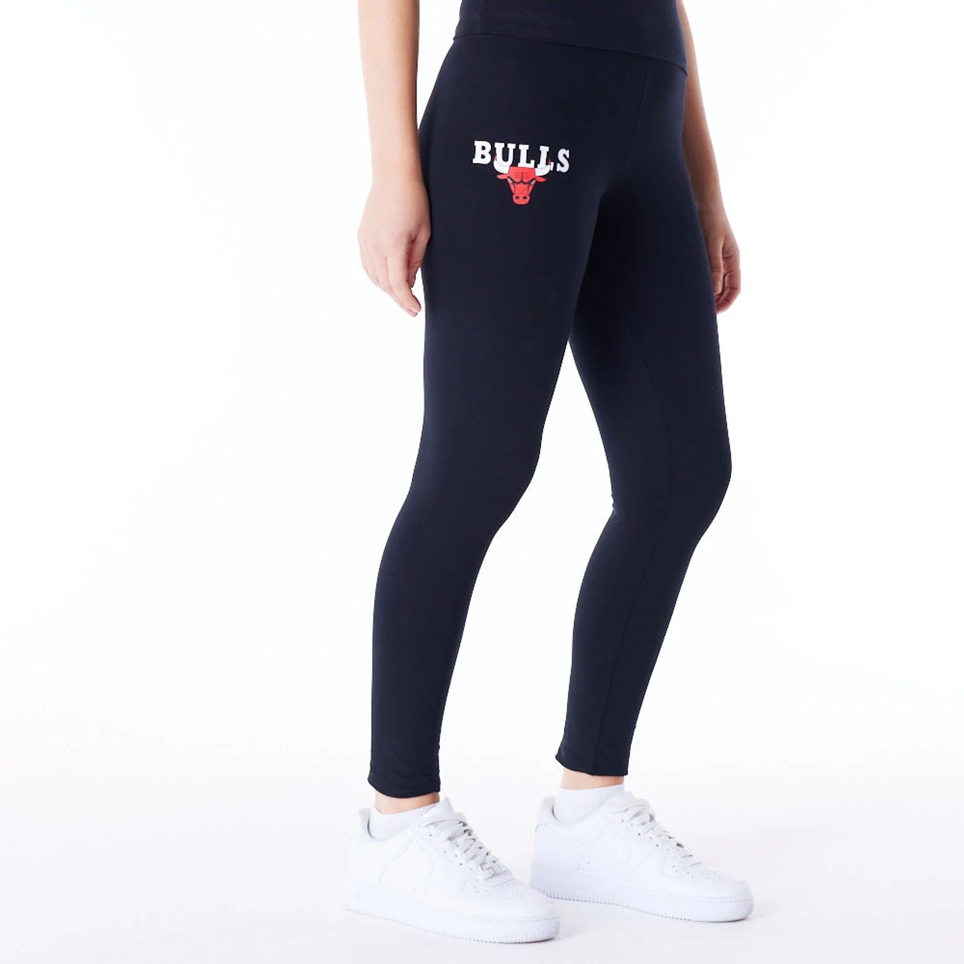 The Female model is wearing Chicago Bulls Womens NBA Team Logo Black Leggings 7