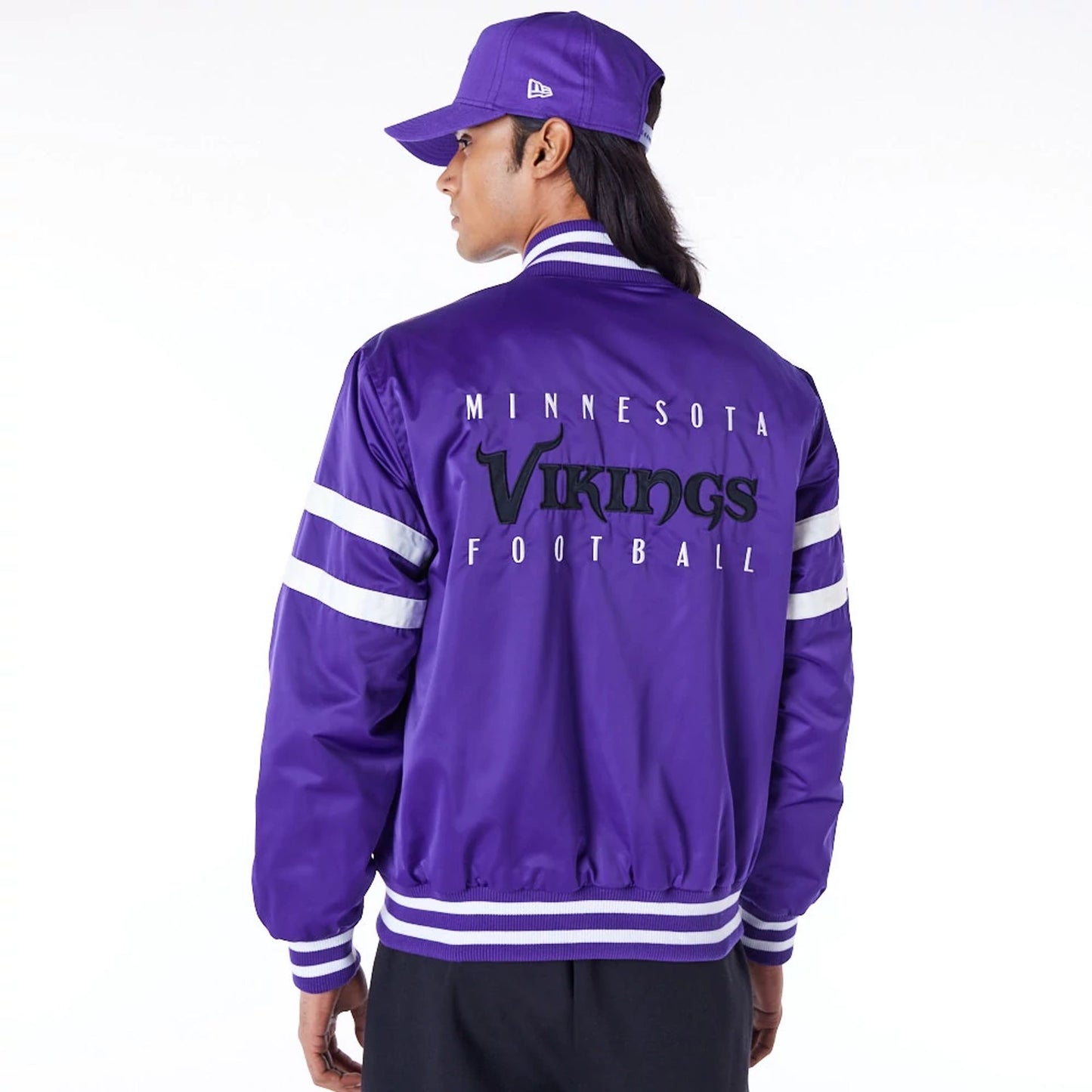 The Male model is wearing Minnesota Vikings NFL Satin Purple Bomber Jacket 7