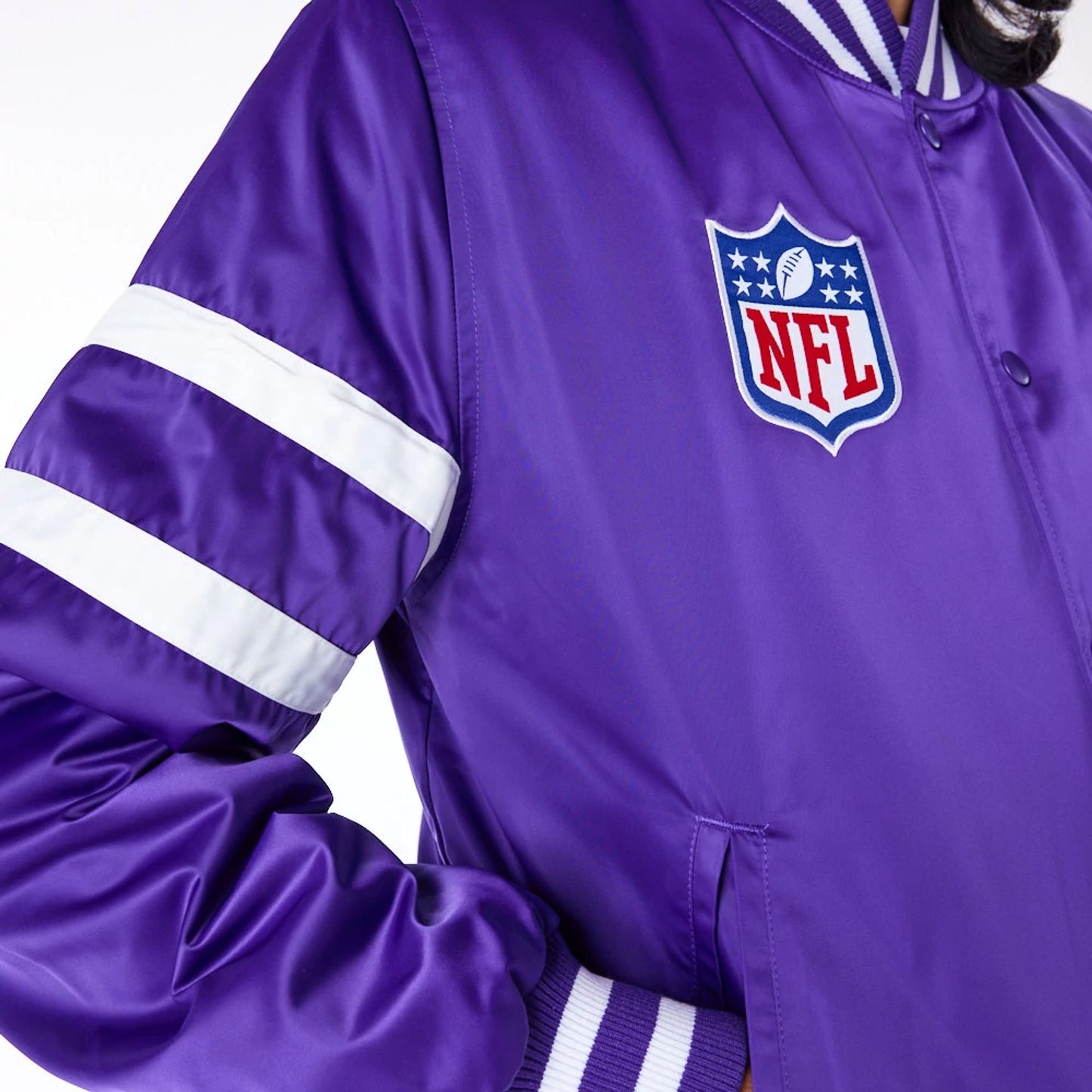 The Male model is wearing Minnesota Vikings NFL Satin Purple Bomber Jacket 5