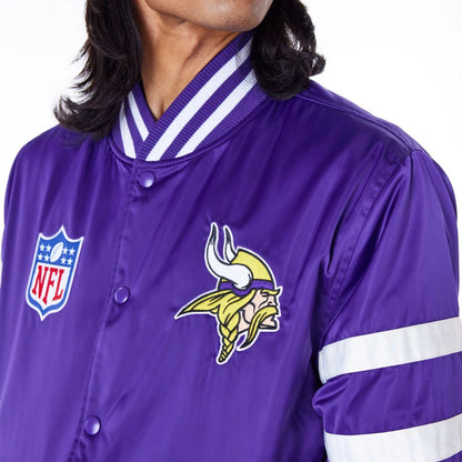 The Male model is wearing Minnesota Vikings NFL Satin Purple Bomber Jacket 2