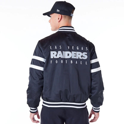 The Male model is wearing Las Vegas Raiders NFL Satin Black Bomber Jacket 5