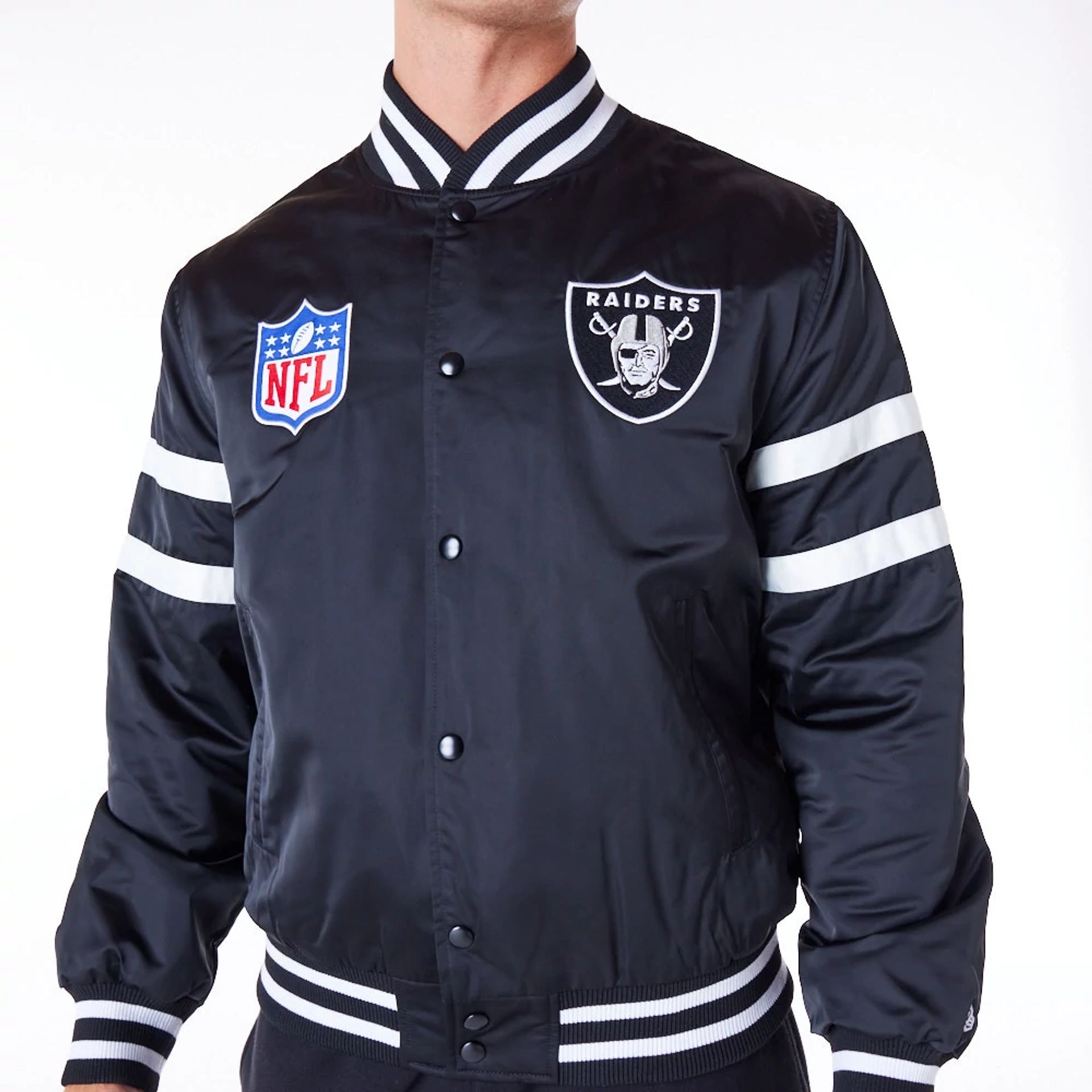 The Male model is wearing Las Vegas Raiders NFL Satin Black Bomber Jacket 6