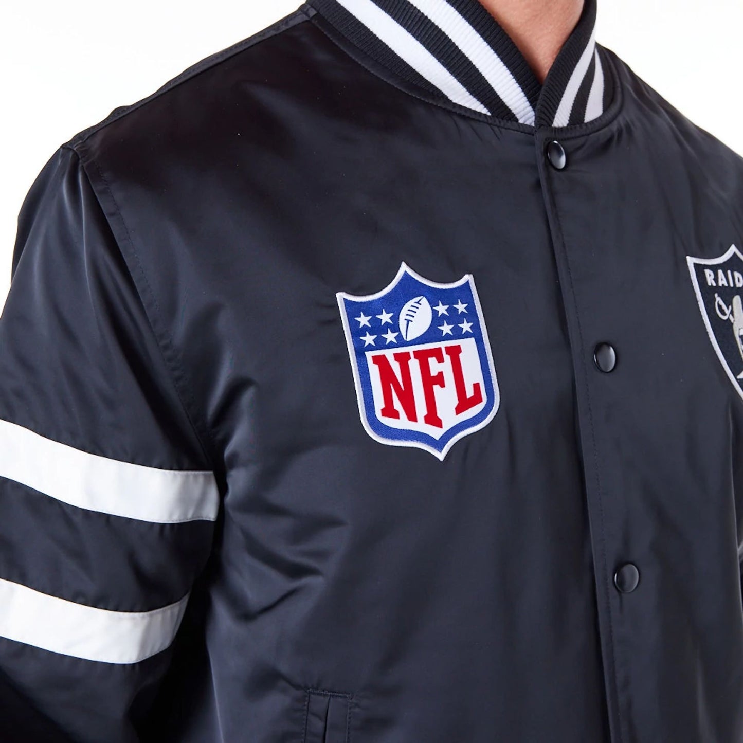 The Male model is wearing Las Vegas Raiders NFL Satin Black Bomber Jacket 4