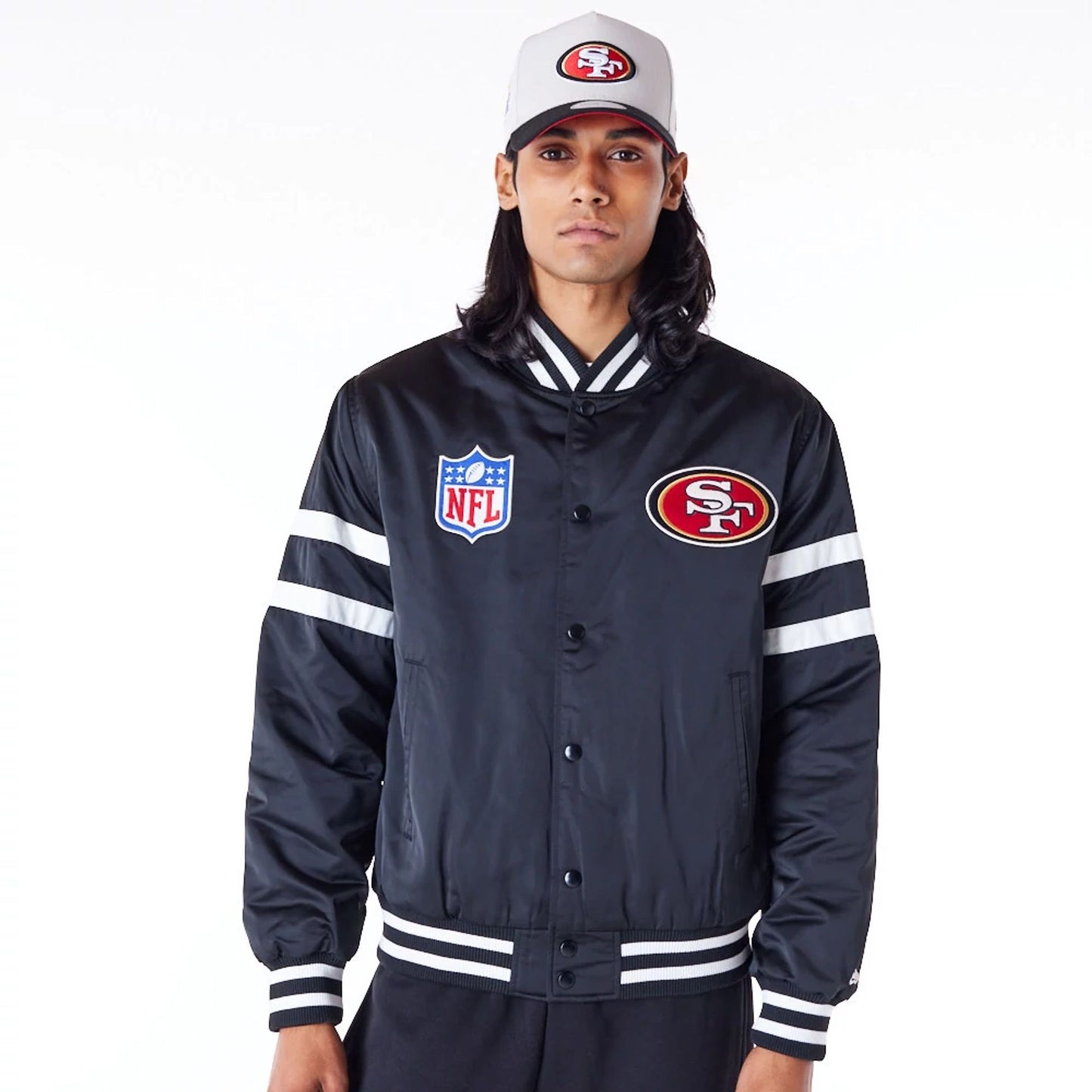 The Male model is wearing San Francisco 49ers NFL Satin Black Bomber Jacket 1