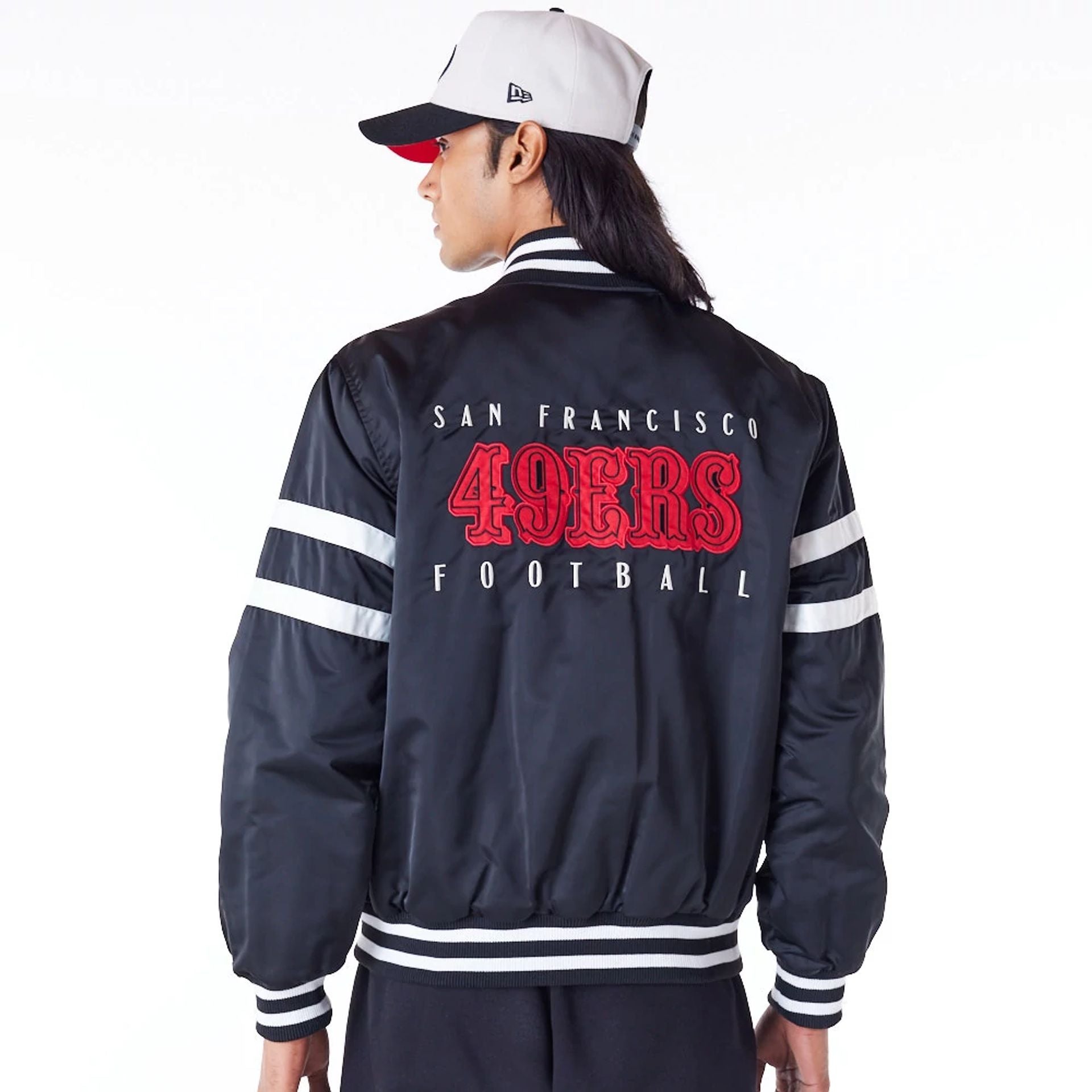 The Male model is wearing San Francisco 49ers NFL Satin Black Bomber Jacket 8