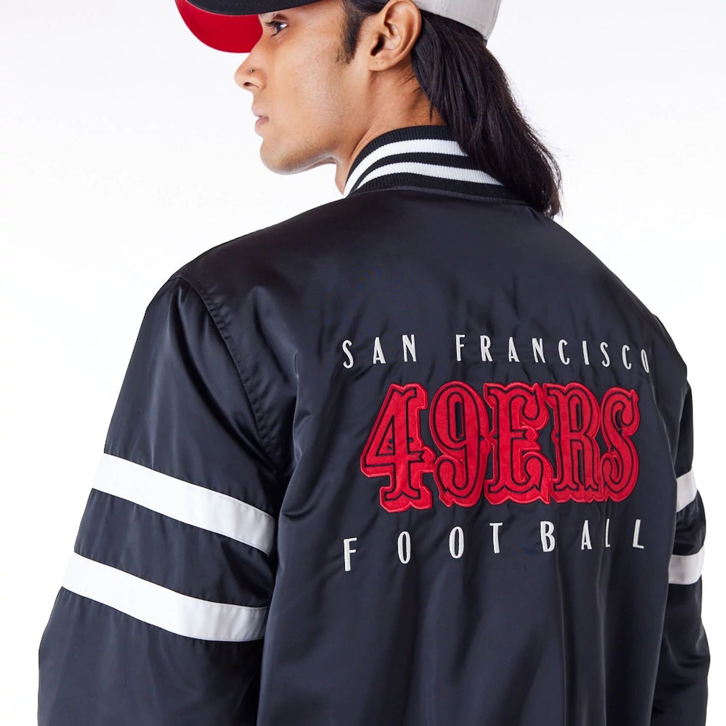 The Male model is wearing San Francisco 49ers NFL Satin Black Bomber Jacket 3