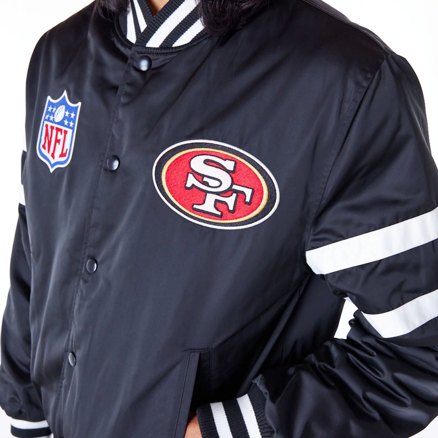 The Male model is wearing San Francisco 49ers NFL Satin Black Bomber Jacket 4