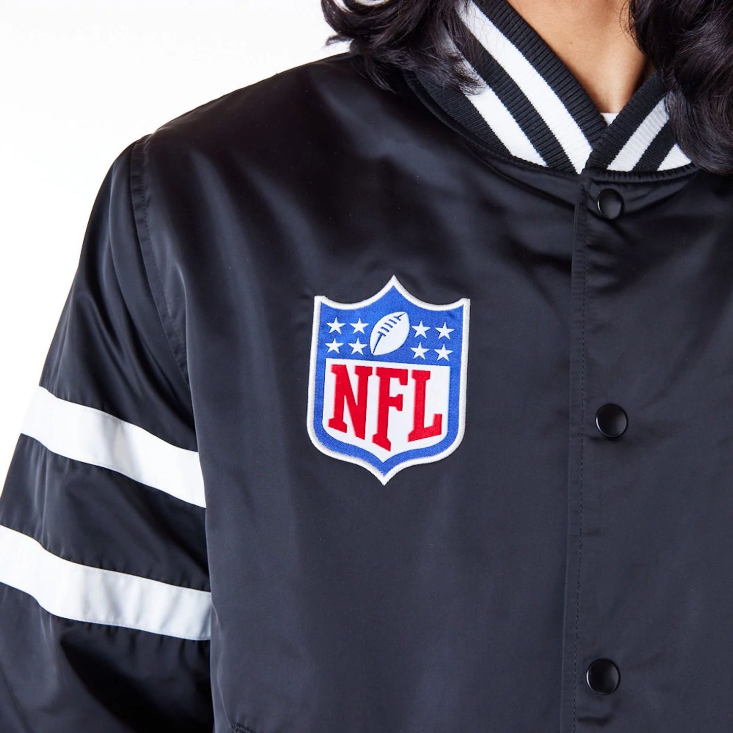 The Male model is wearing San Francisco 49ers NFL Satin Black Bomber Jacket 9