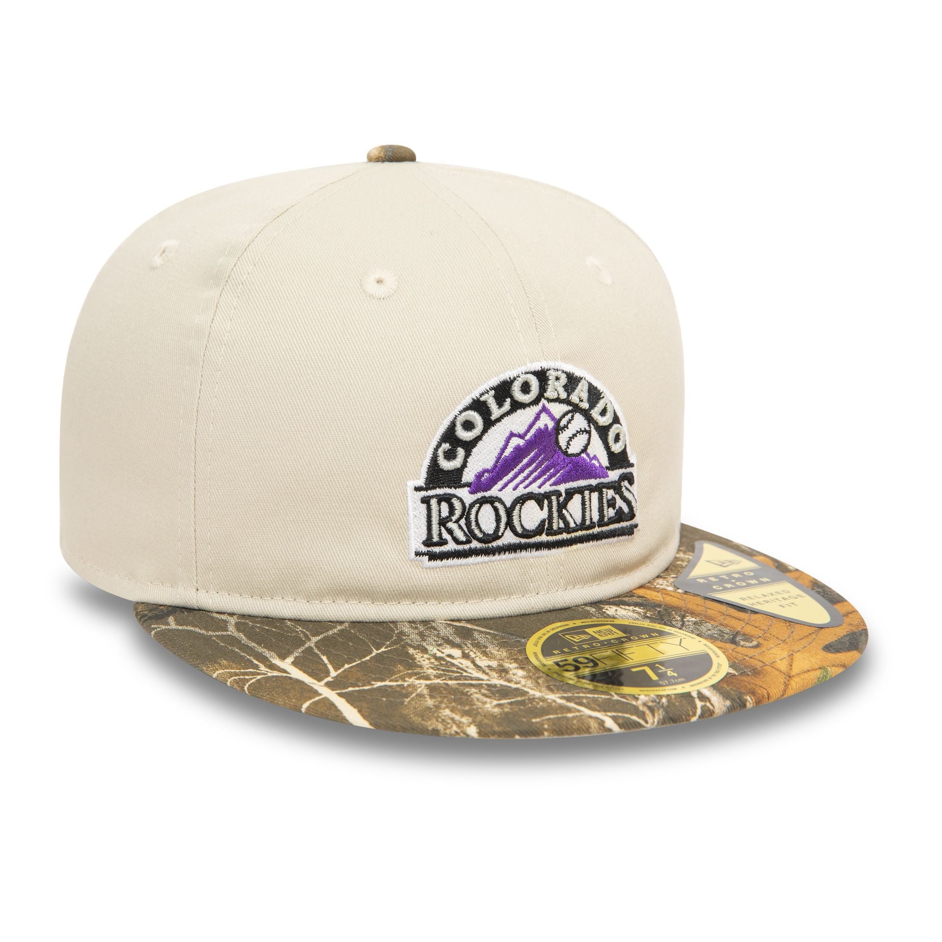 This is a Colorado Rockies MLB Realtree Light Beige Retro Crown 59FIFTY Fitted Cap 1