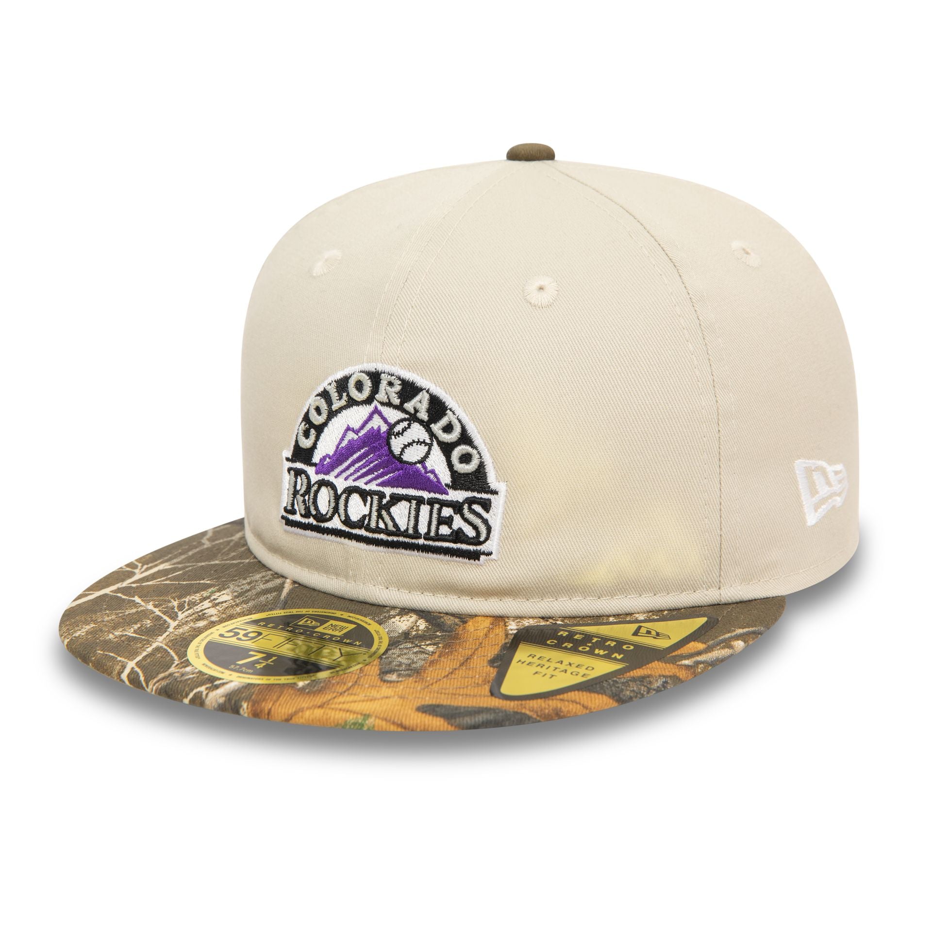 This is a Colorado Rockies MLB Realtree Light Beige Retro Crown 59FIFTY Fitted Cap 5