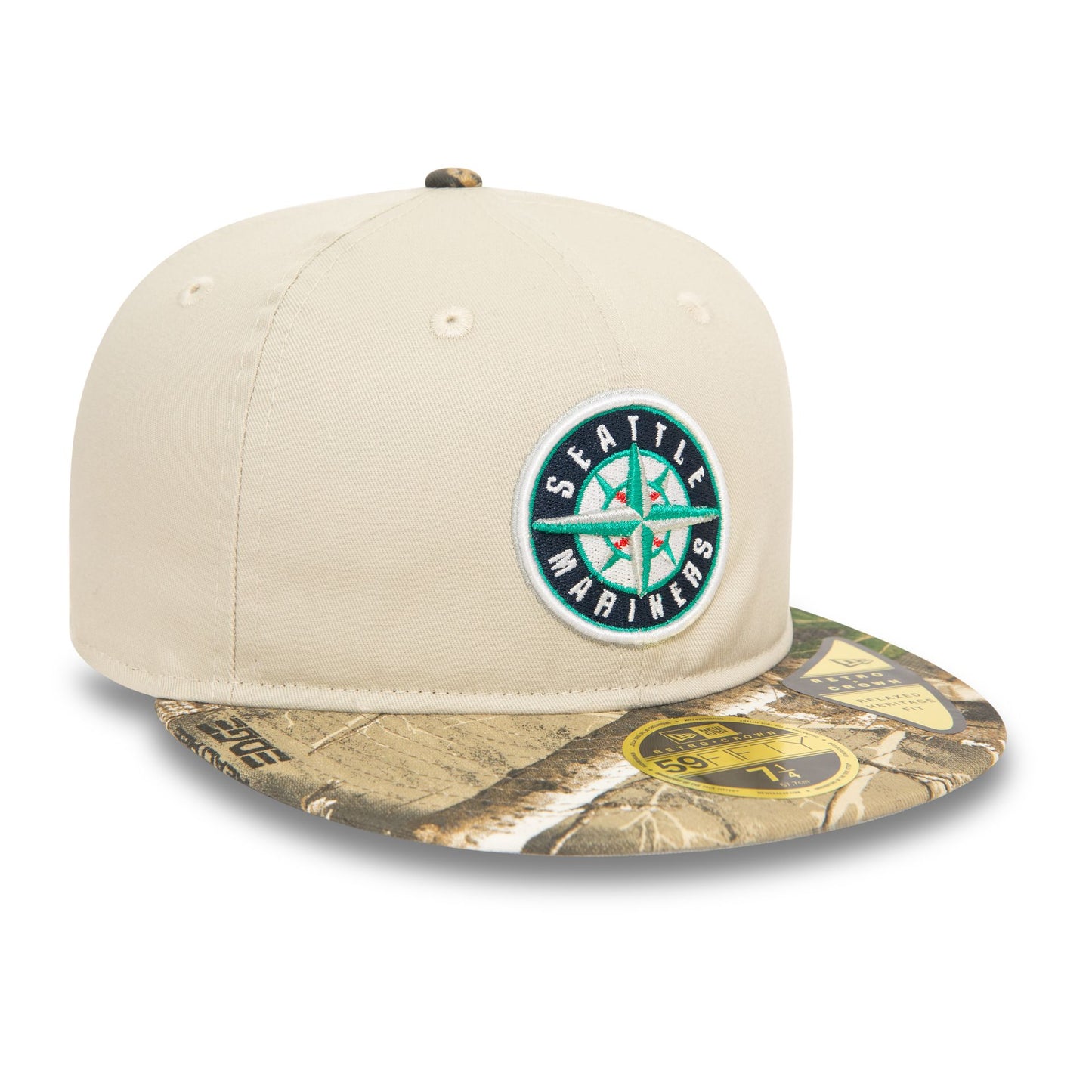 This is a Seattle Mariners MLB Realtree Light Beige Retro Crown 59FIFTY Fitted Cap 1