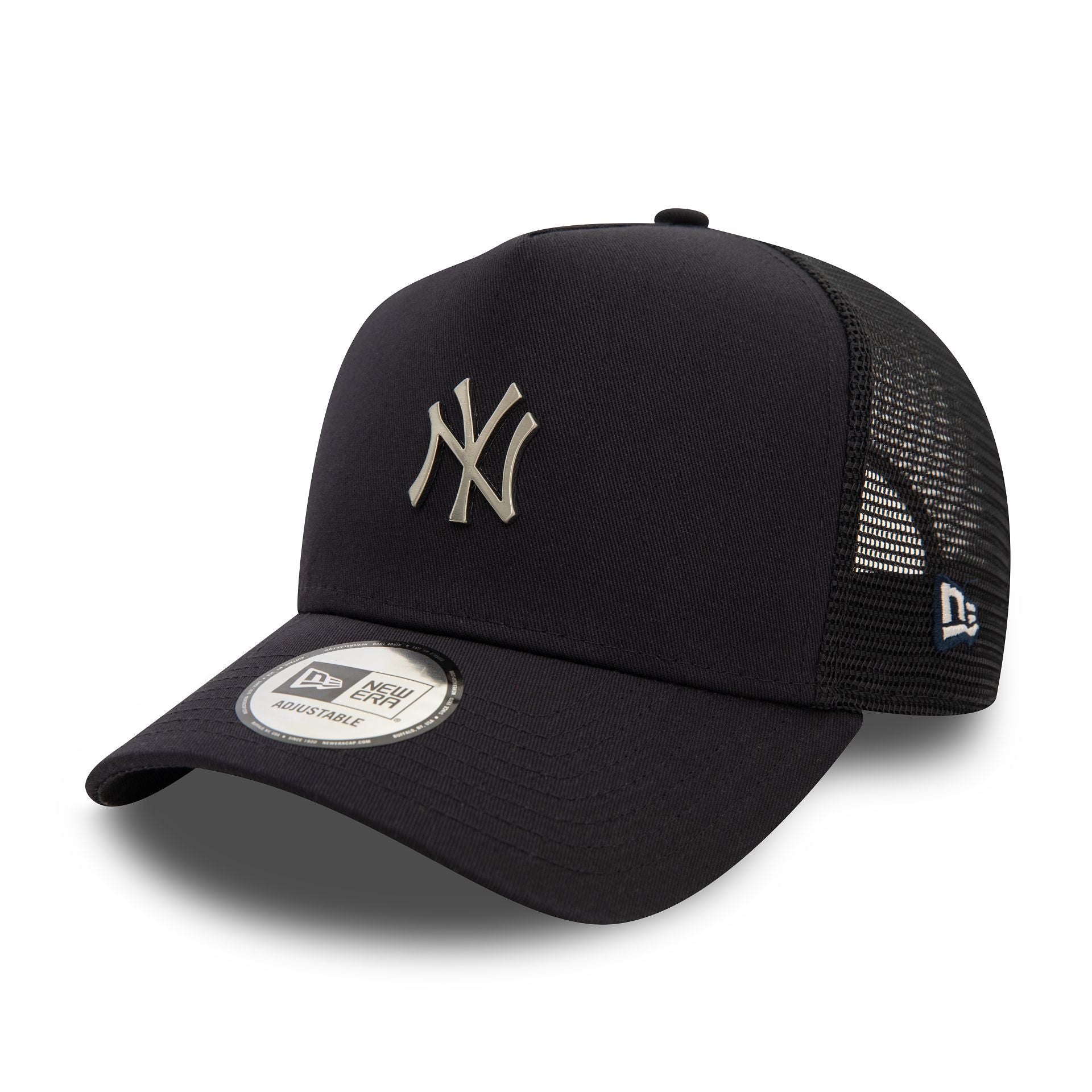 This is a New York Yankees Metallic Navy 9FORTY E-Frame Adjustable Trucker Cap 1