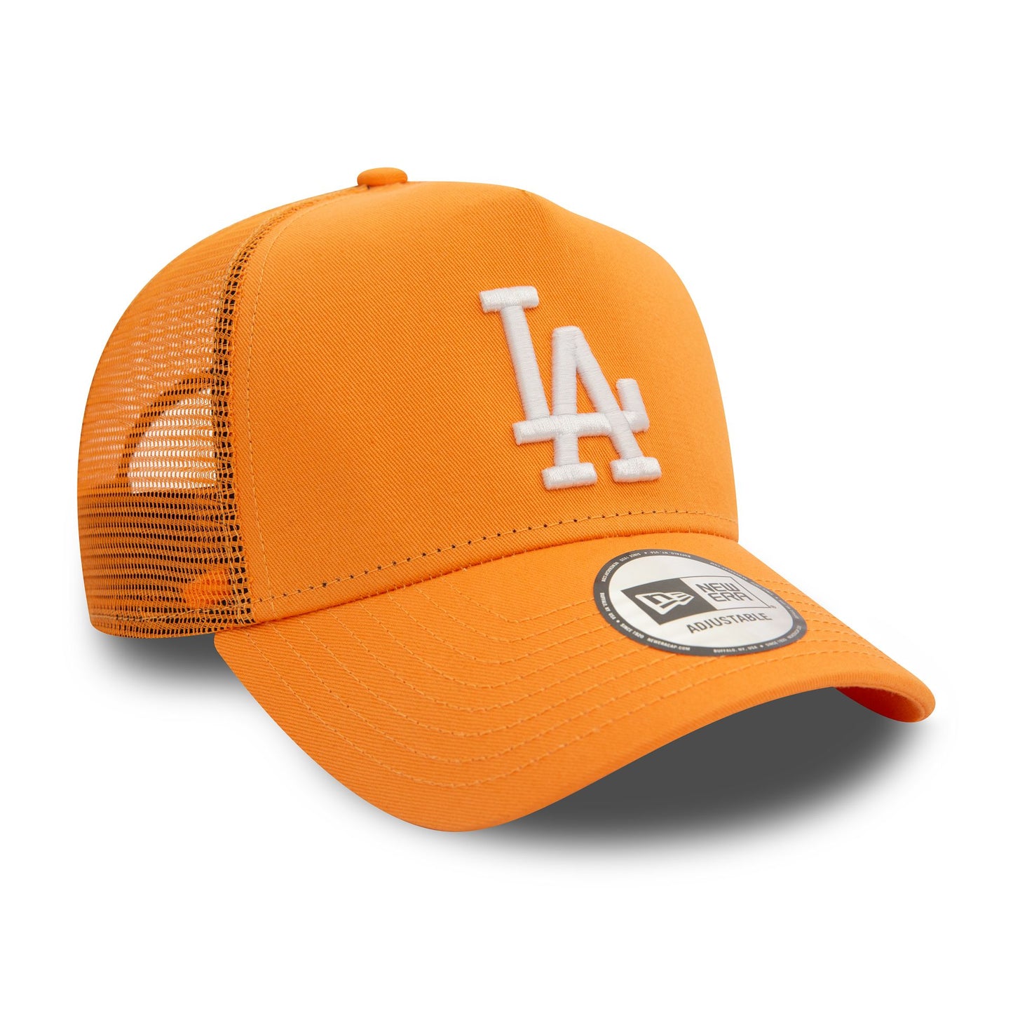 This is a LA Dodgers League Essential Orange 9FORTY E-Frame Adjustable Trucker Cap 3