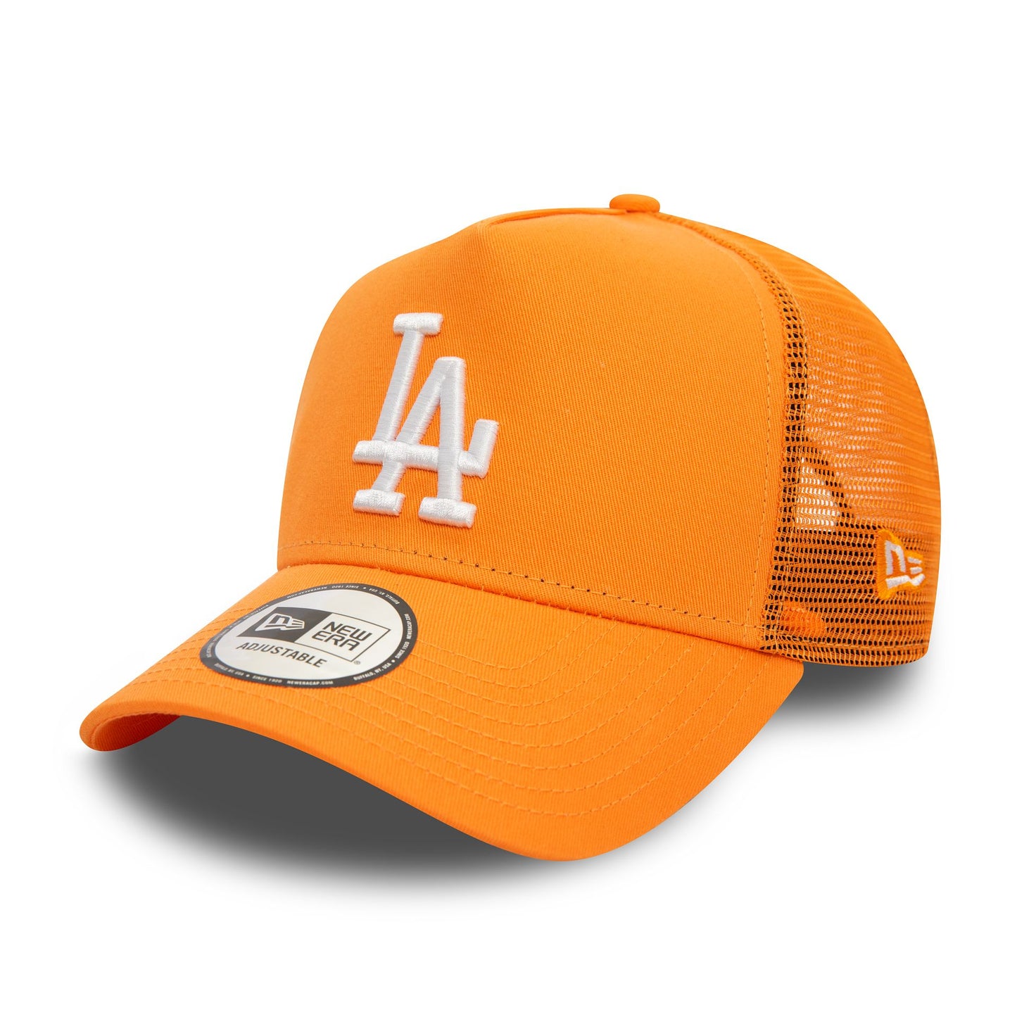 This is a LA Dodgers League Essential Orange 9FORTY E-Frame Adjustable Trucker Cap 1