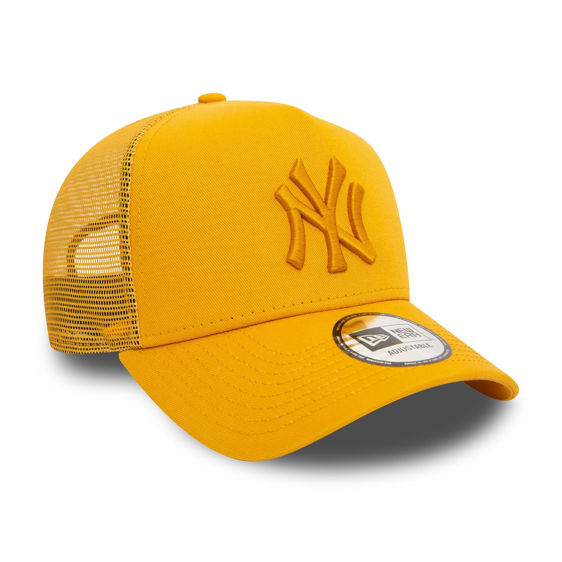 This is a New York Yankees League Essential Dark Yellow 9FORTY E-Frame Adjustable Trucker Cap 3