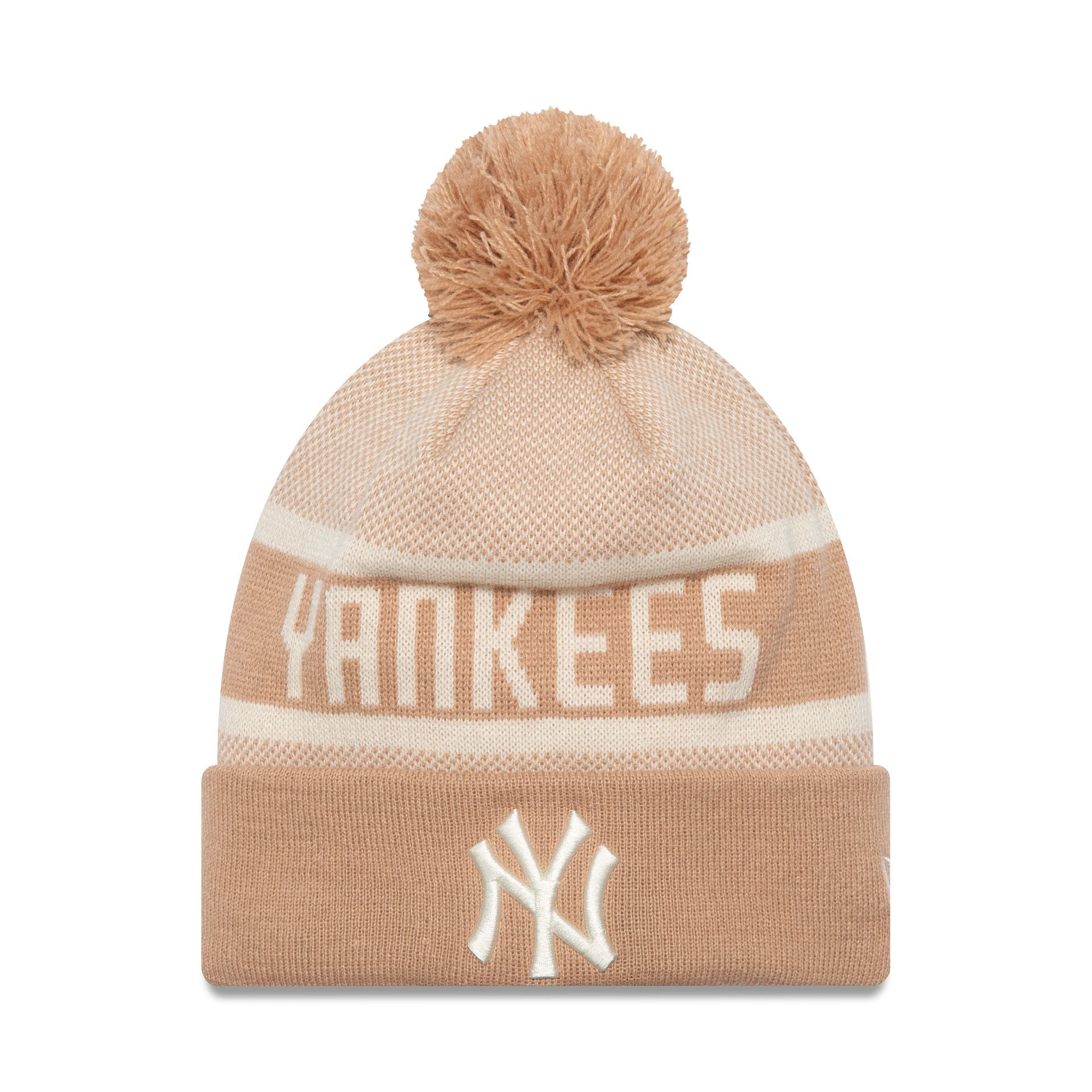 This is a New York Yankees Beige Jake Knit Beanie Hat 1