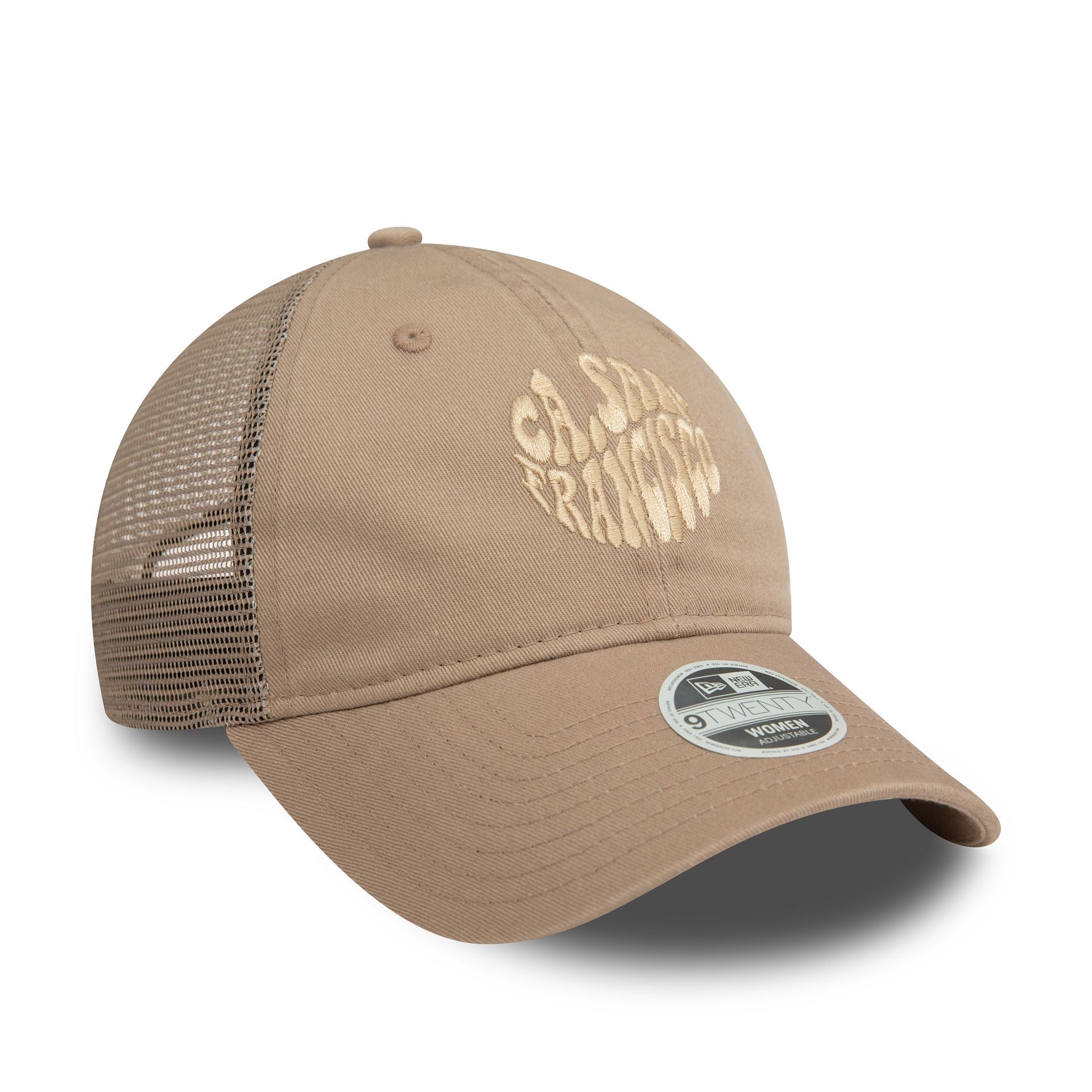 This is a New Era Womens Beige 9TWENTY Adjustable Trucker Cap 1