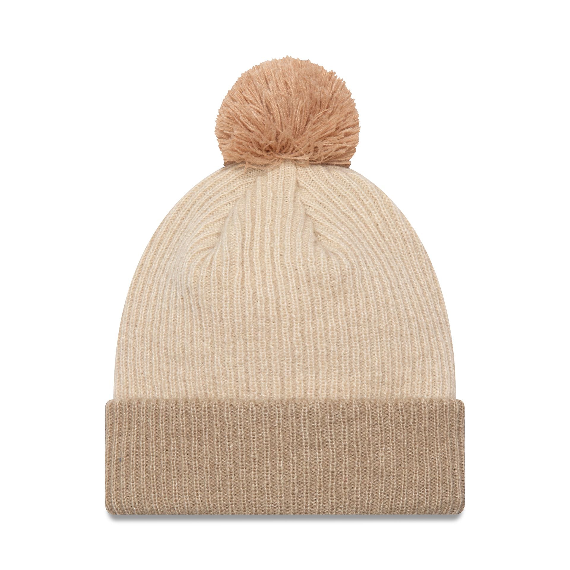 This is a New Era Womens Block Light Beige Bobble Knit Beanie Hat 2