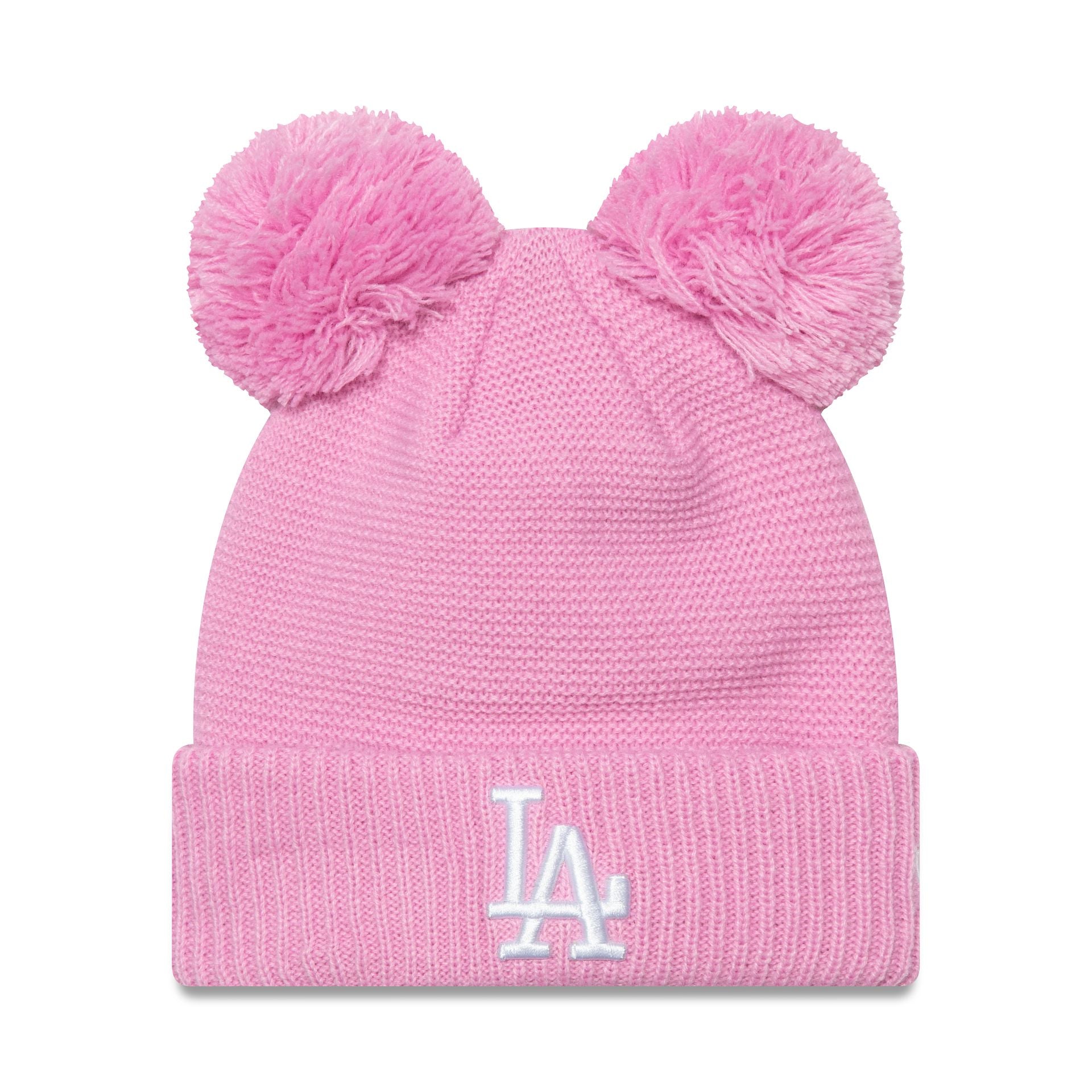 This is a LA Dodgers Womens Pastel Pink Double Bobble Knit Beanie Hat 1