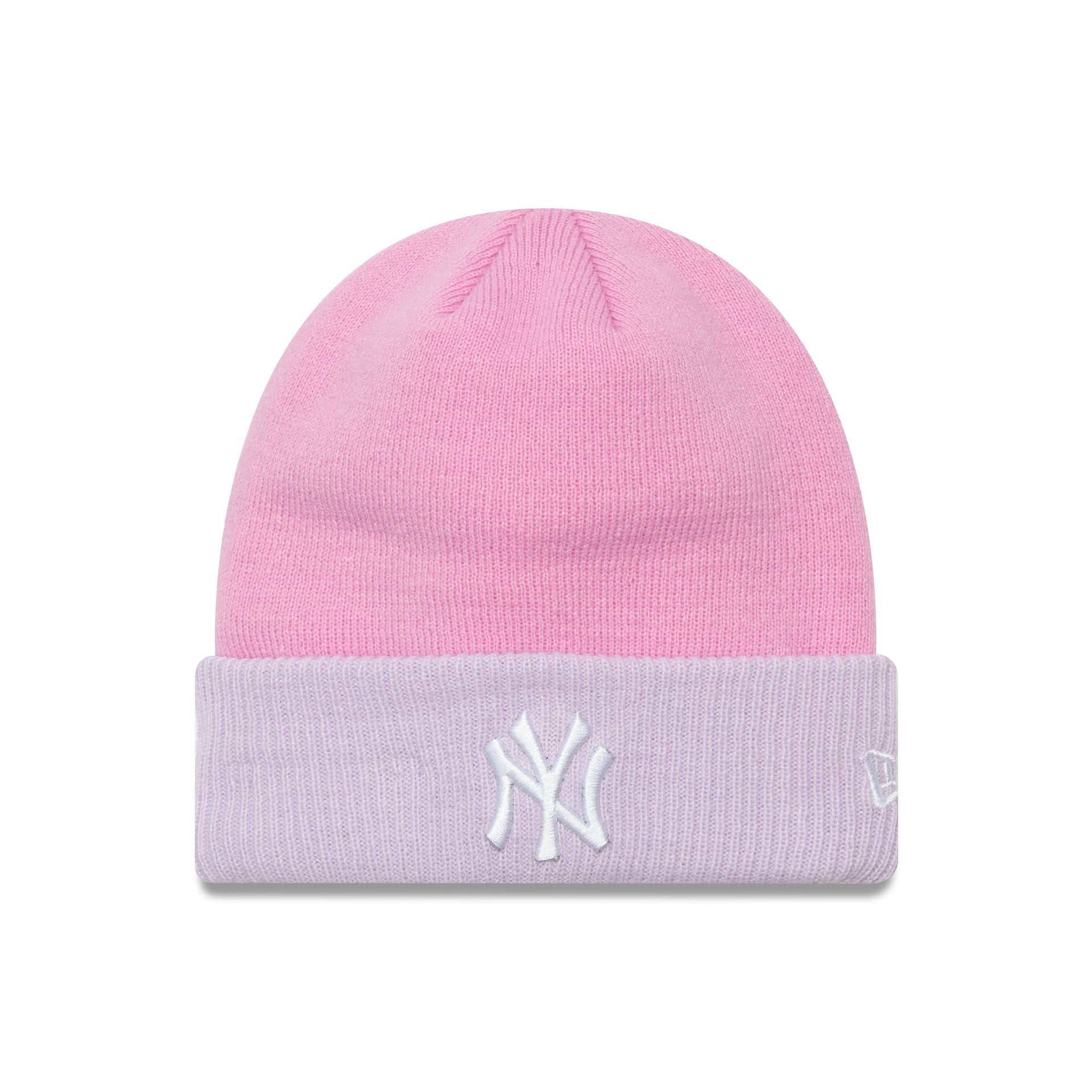 This is a New York Yankees Youth Colour Block Pastel Pink Cuff Knit Beanie Hat 1