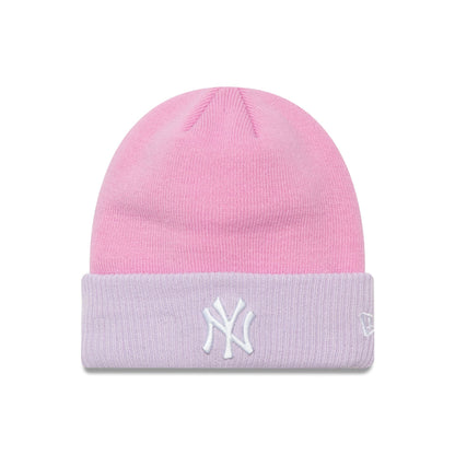 This is a New York Yankees Youth Colour Block Pastel Pink Cuff Knit Beanie Hat 1