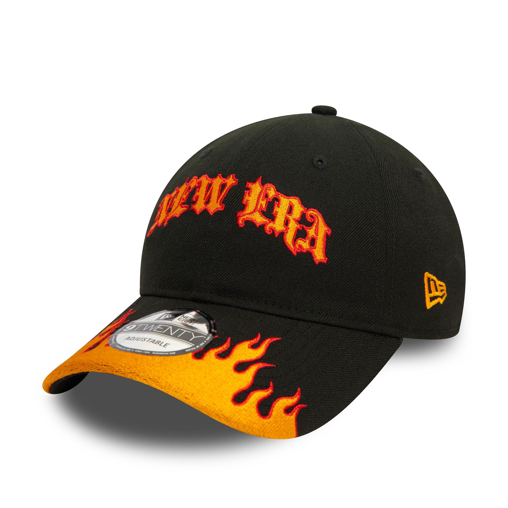 This is a New Era Race Black and Orange Flame 9TWENTY Adjustable Cap 1