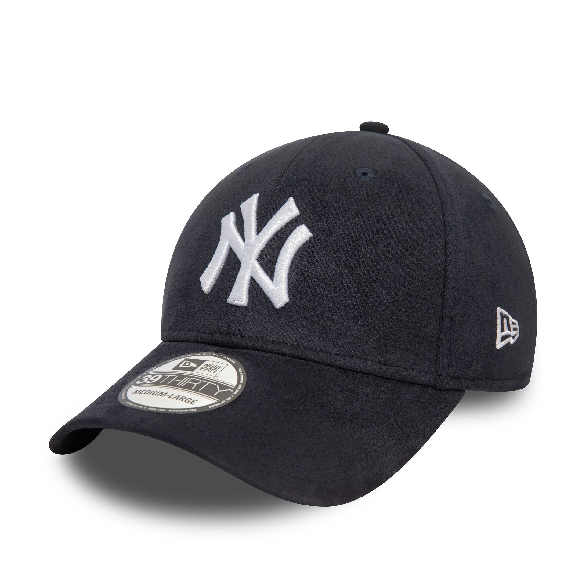 This is a New York Yankees Faux Suede Navy 39THIRTY Stretch Fit Cap 1