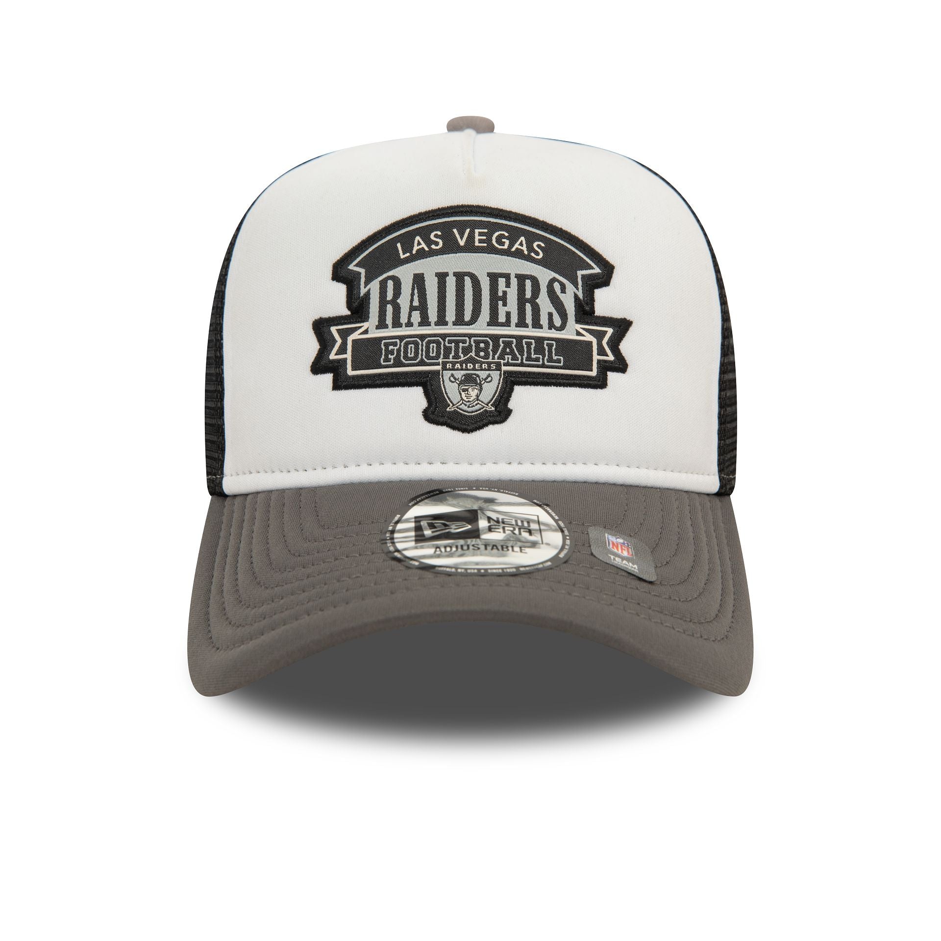 This is a Las Vegas Raiders NFL Dark Grey 9FORTY E-Frame Adjustable Trucker Cap 2