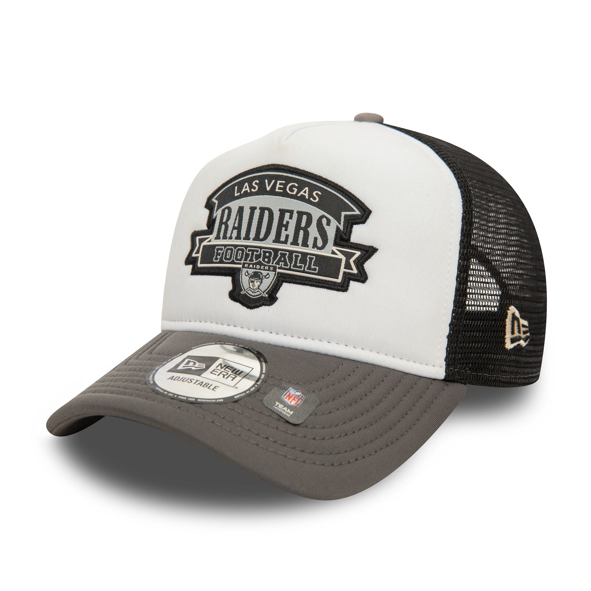 This is a Las Vegas Raiders NFL Dark Grey 9FORTY E-Frame Adjustable Trucker Cap 1